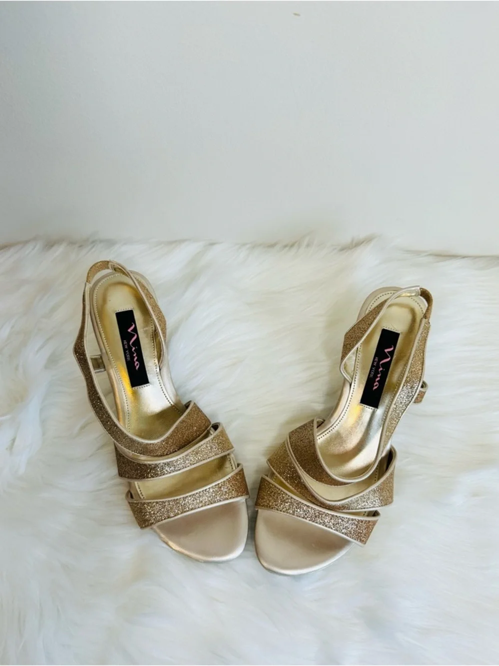 Nina Baby Glitter Open Toe Strappy Slingback Heels in Gold Size 6.5